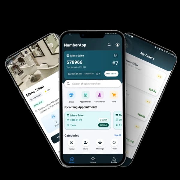 NumberApp salon discovery, services and queue interface